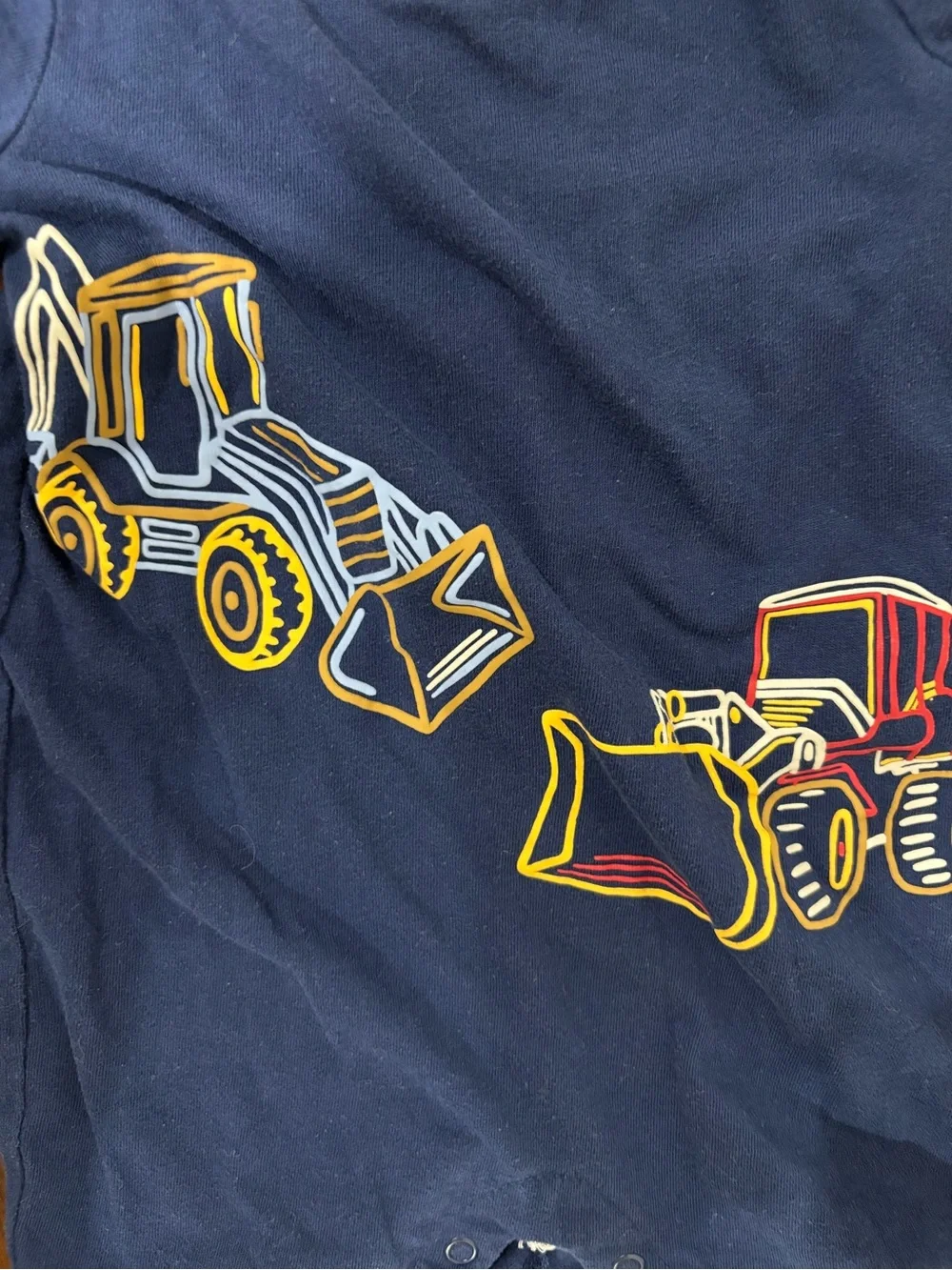 First Impressions Navy Romper with Yellow & Red Truck Outlines